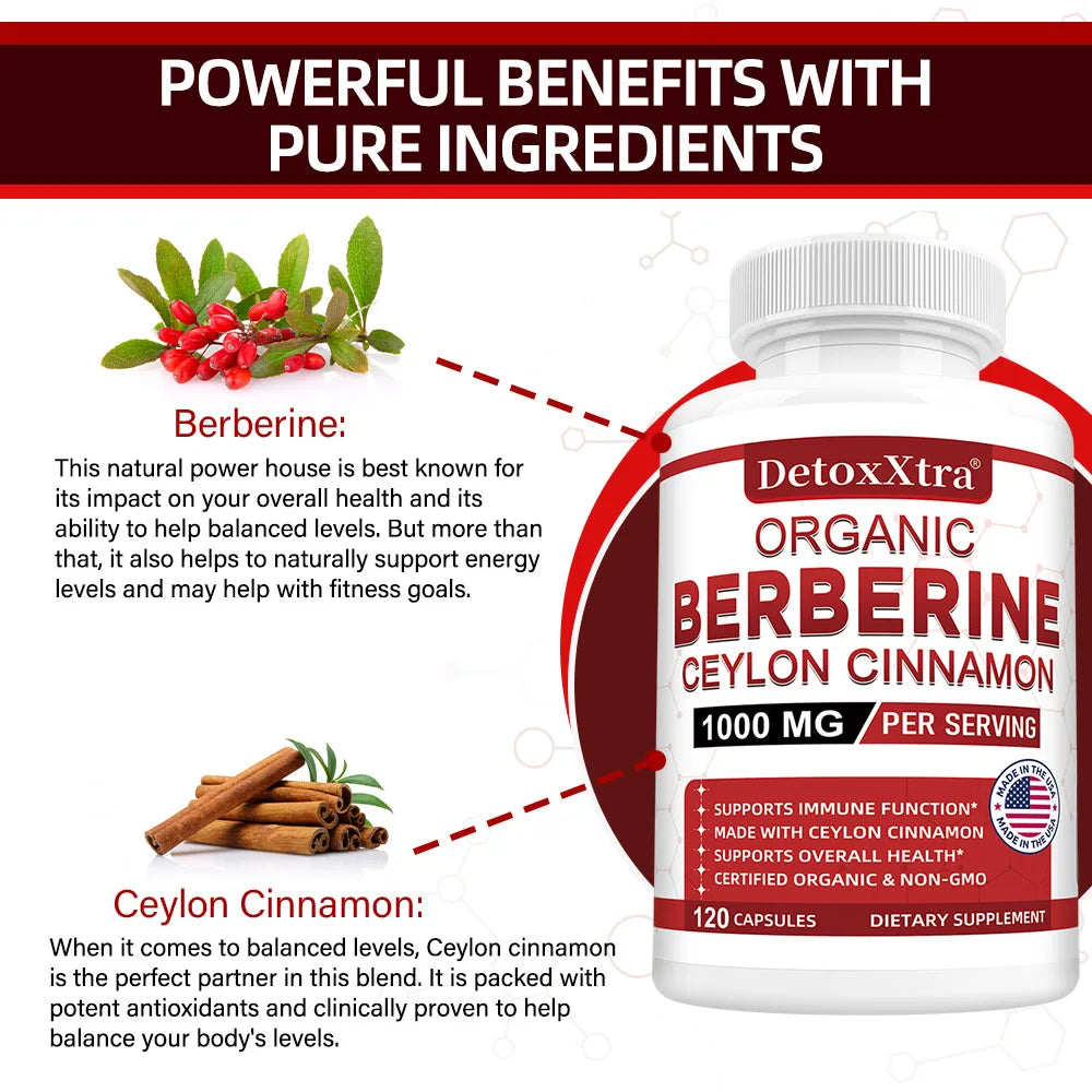 Berberine HCL 1000mg Ceylon Cinnamon Supplement | DETOXXTRA Herbal Supplement Qst