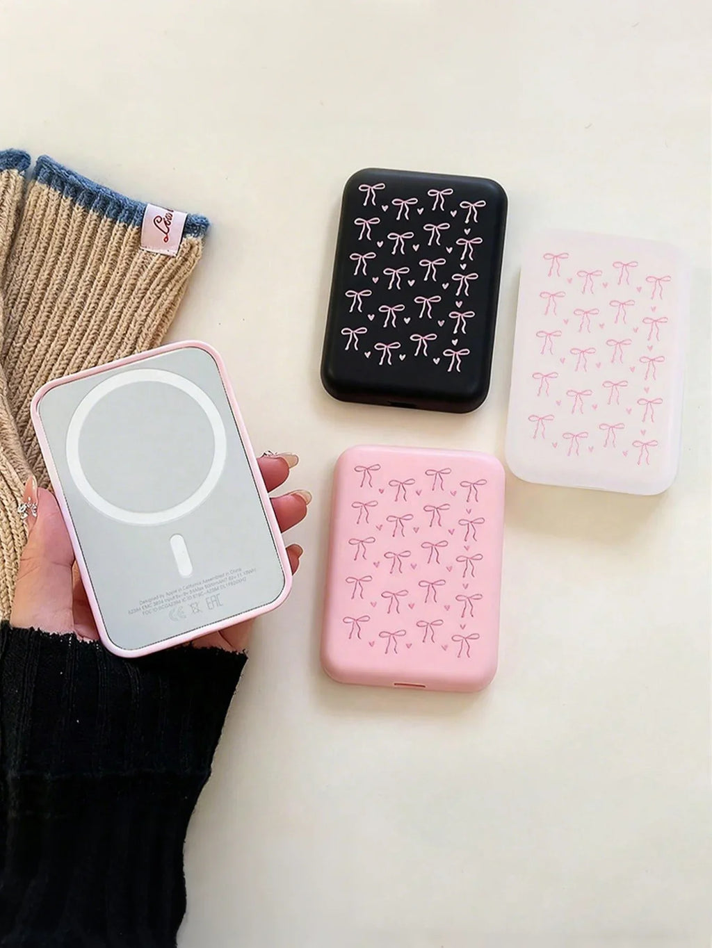Black Pink Bow TPU Case for Apple MagSafe Power Bank Phone Accessory Case Qme