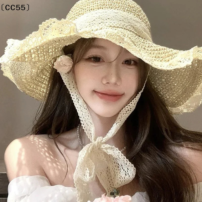 Women's Foldable Wide Brim Lace Straw Beach Sun Hat Wide Brim Sun Hat Qst
