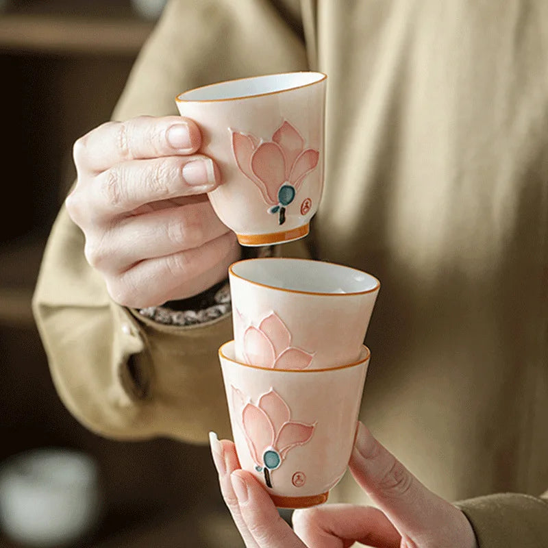 Hand Painted Lotus Pastel Ceramic Glazed Tea Cup | 55ml Ceramic Tea Cup Qme
