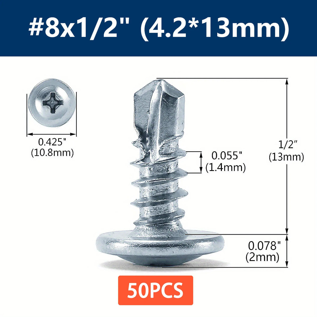 #8 Phillips Truss Head Self-Drilling Tek Screws | Zinc Sheet Metal Sheet Metal Screws Qme 50pcs 13mm