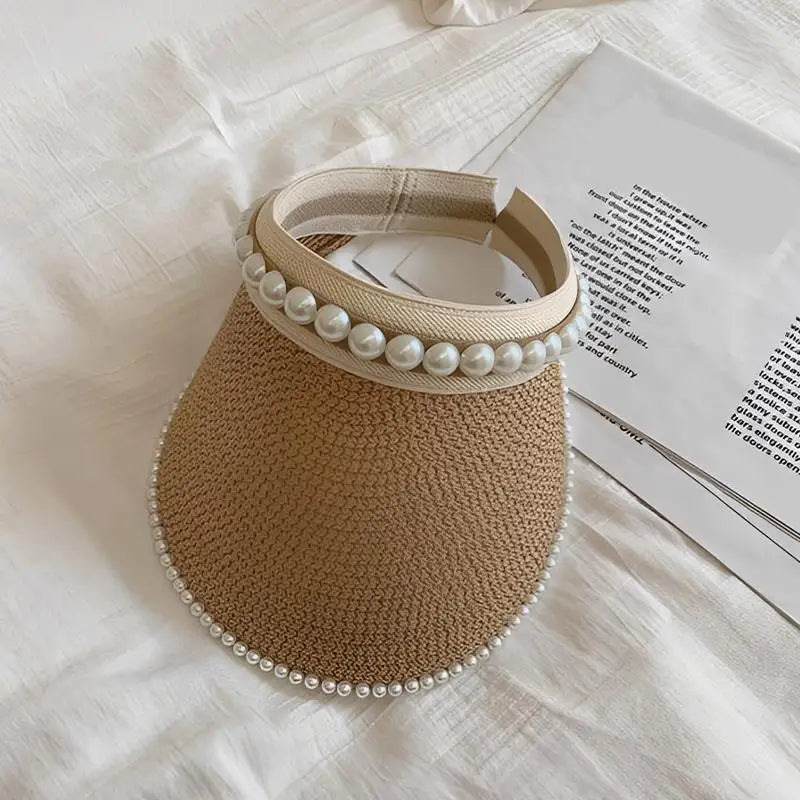 Women's Pearl Raffia Straw Beach Hat – Open Top Sun Hat Straw Sun Hat Qst Khaki one size