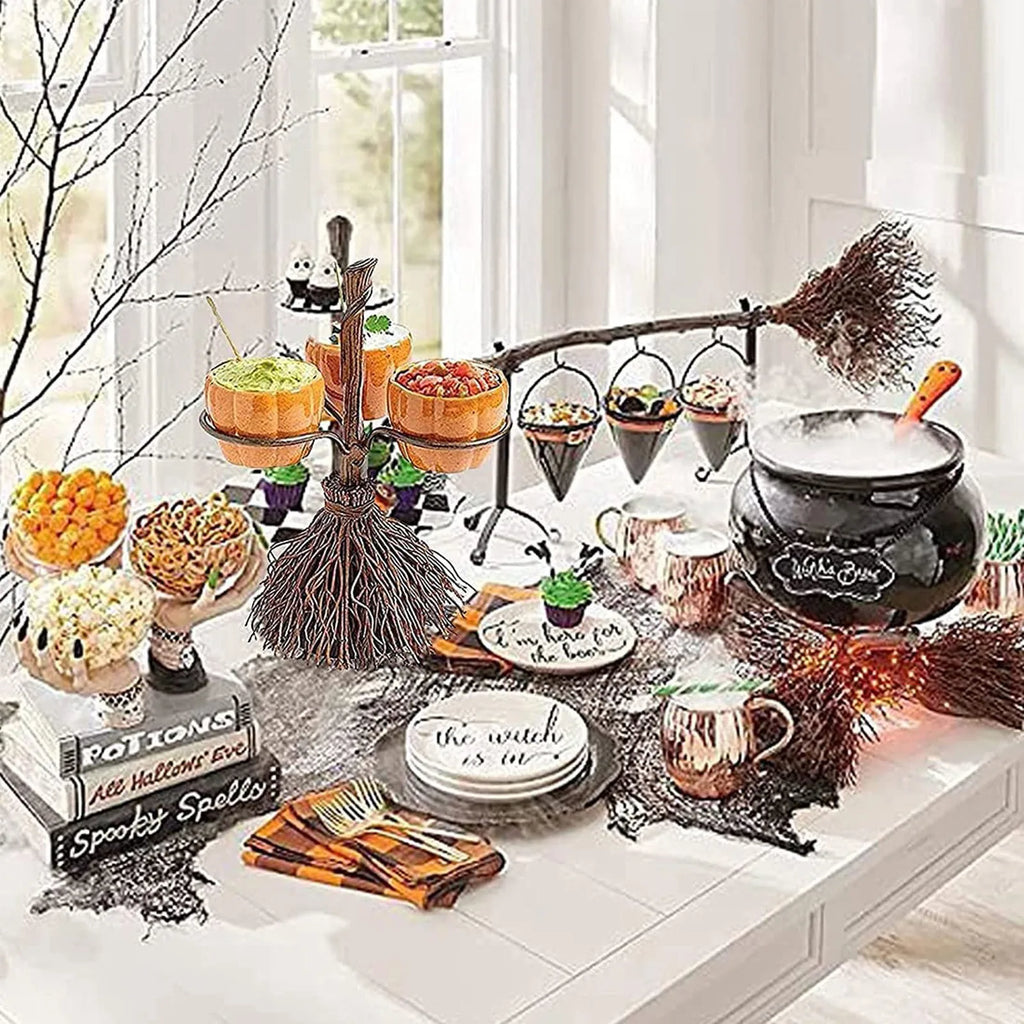 Halloween Wooden Snack Bowl Stand | 4-Bowl Rattan Basket Snack Serving Stand Qme
