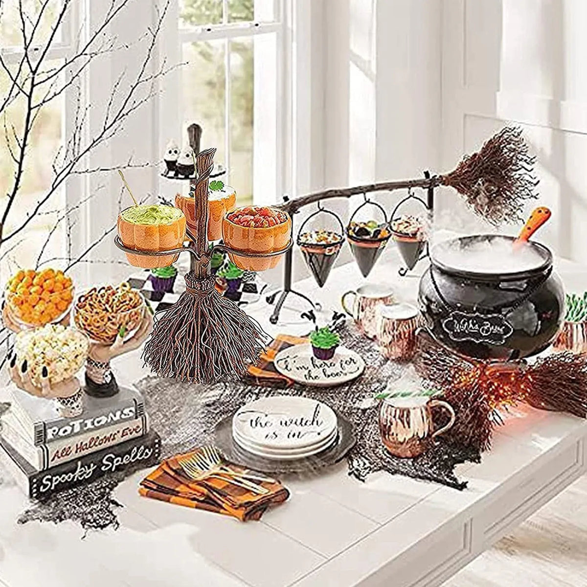 Halloween Wooden Snack Bowl Stand | 4-Bowl Rattan Basket Snack Serving Stand Qme