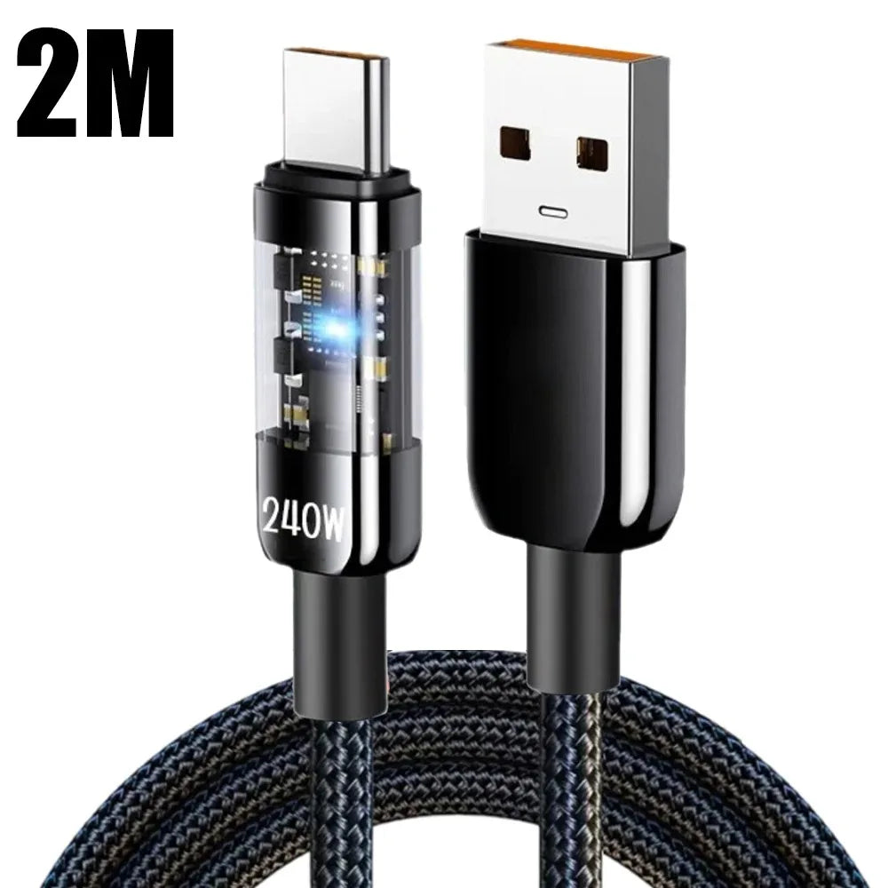 USB-C 240W 10A Fast Charging Cable with LED Light | QC3.0 USB-C Charging Cable Qme 2m