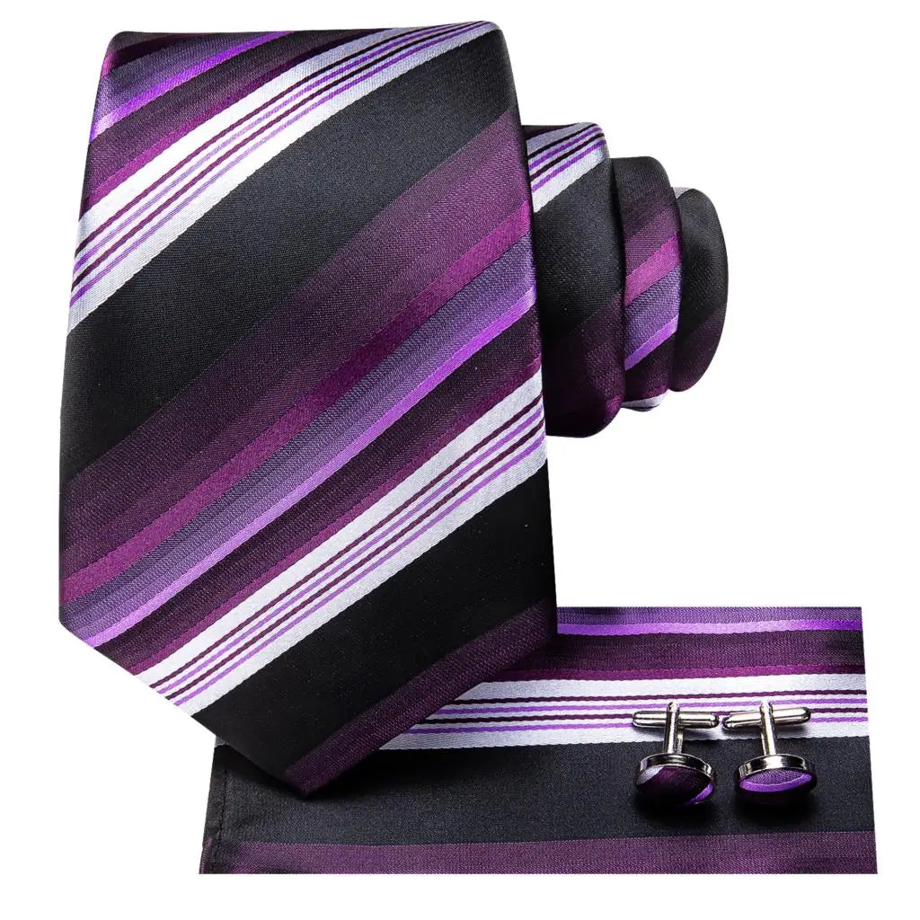 Hi-Tie Silk Striped Purple White Necktie Set with Brooch Silk Necktie Set Qme