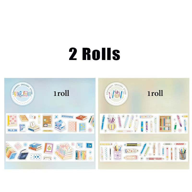 Watercolor Cartoon Washi Tape – Multi-Pattern Campus Stationery Decorative Washi Tape Qme 2 rolls-A