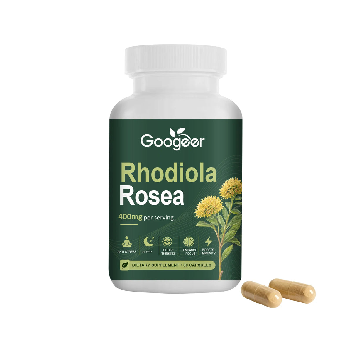 Googeer Rhodiola Rosea Capsules 400mg + Black Pepper – 60ct Herbal Supplement Qst 1botlle