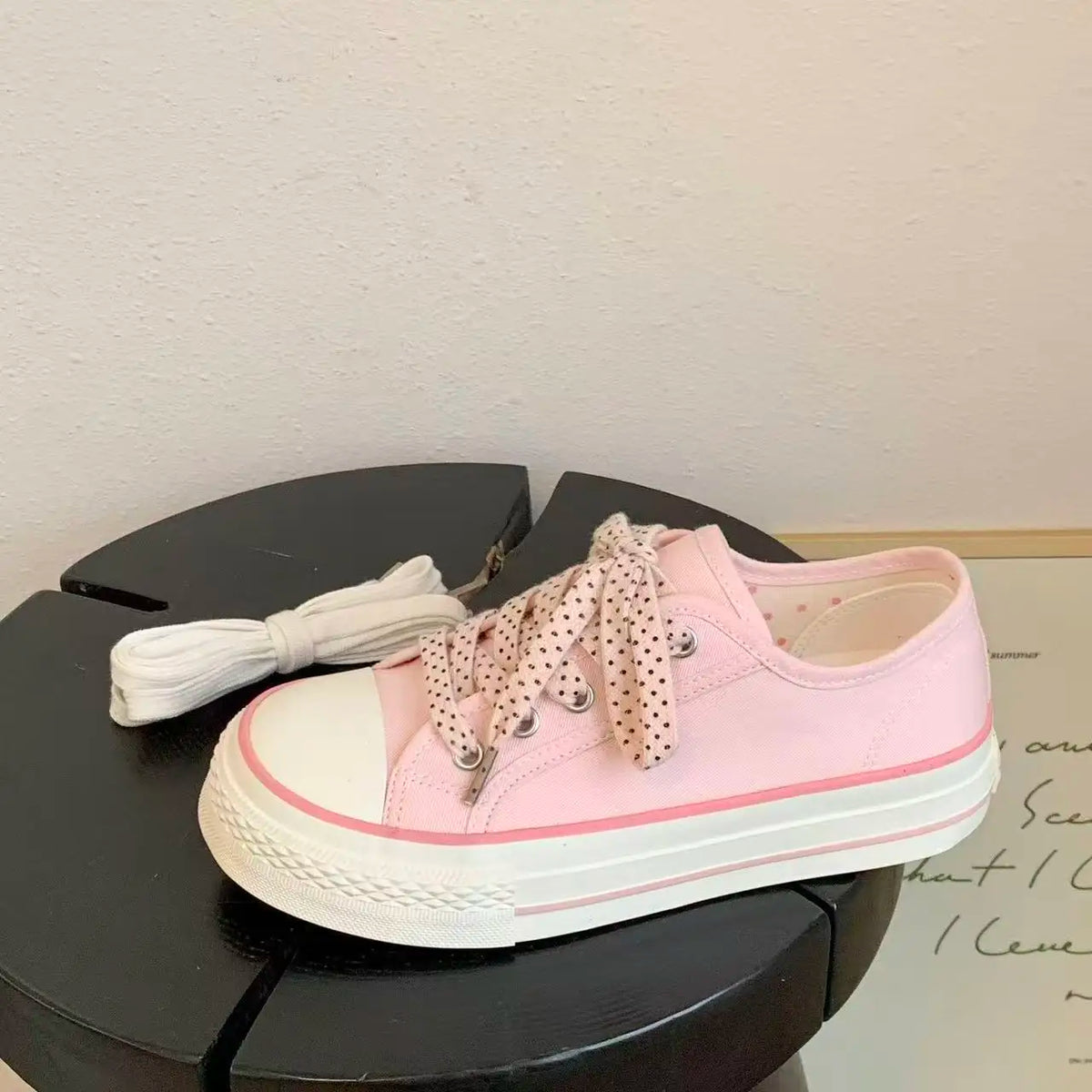 Women's Pink Canvas Sneakers – Polka Dot Laces, Low Top Canvas Sneakers Qst