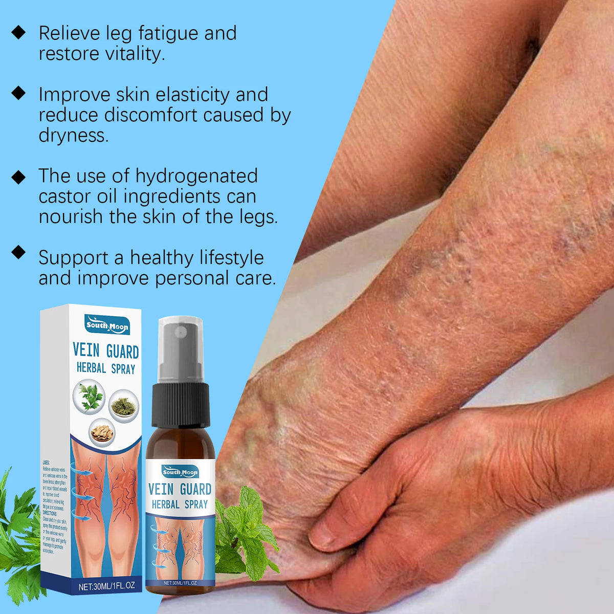 South Moon Leg Vein Soothing Spray 30ml – Circulation Support Leg Care Spray Qst