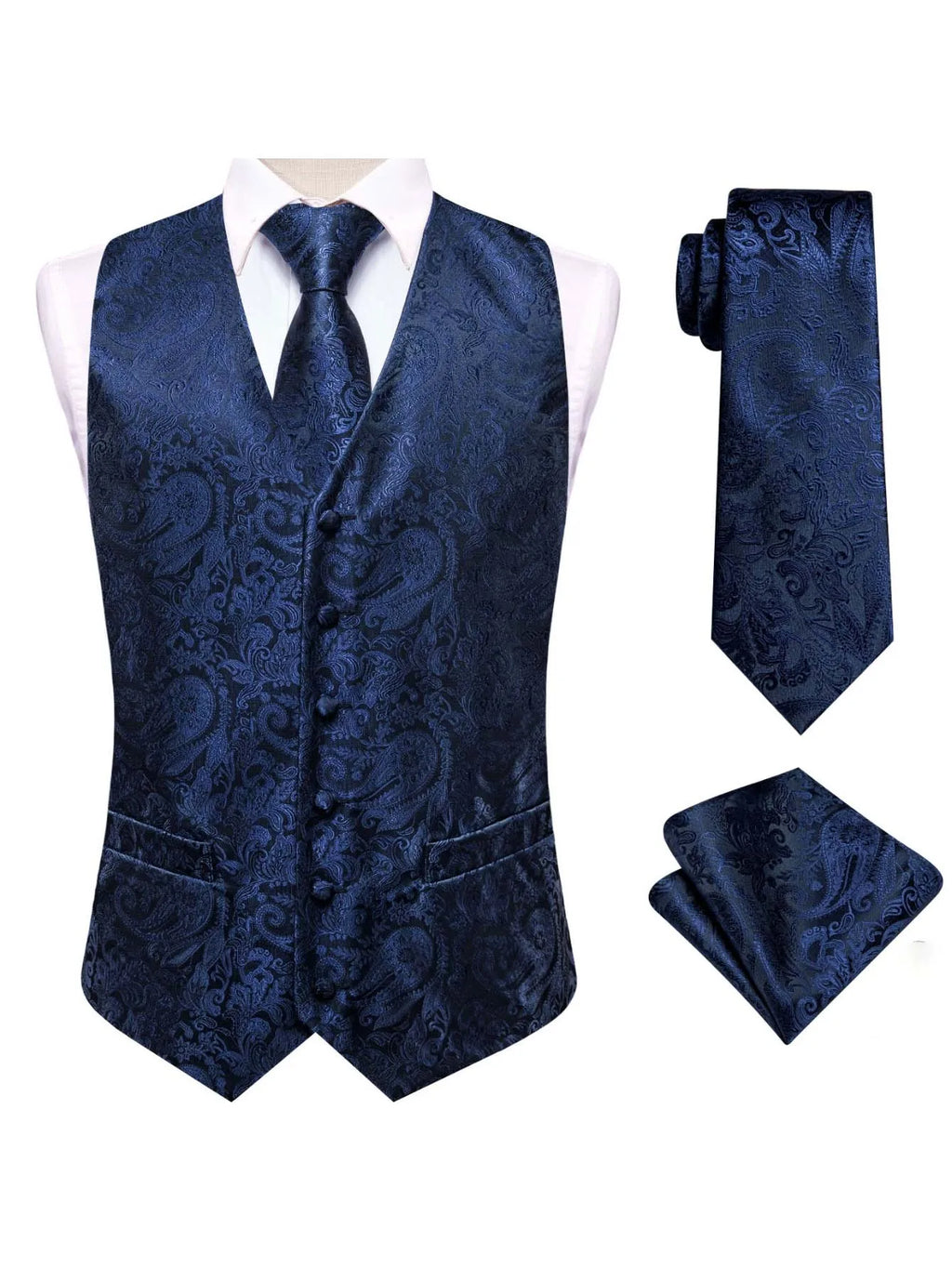 Men's Blue 3-Piece Suit Set – Vest, Tie & Pocket Square Men's Suit Set Qme MJ-3214 XXXL
