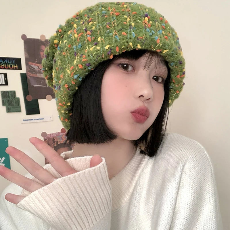 Women's Warm Knitted Pile Hat – Cozy Winter Beanie Winter Knit Hat Qst Green