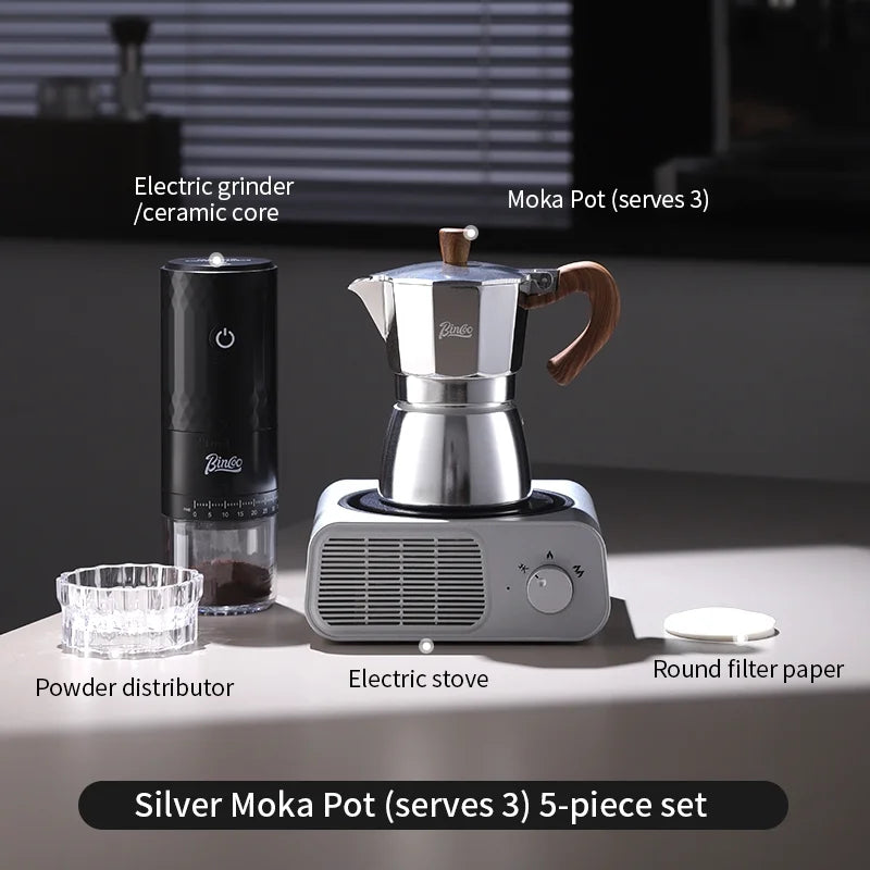BINCOO Moka Pot Kit – Electric Heater & Manual Grinder Moka Pot Bundle Qst 5pcs Set B-3cups