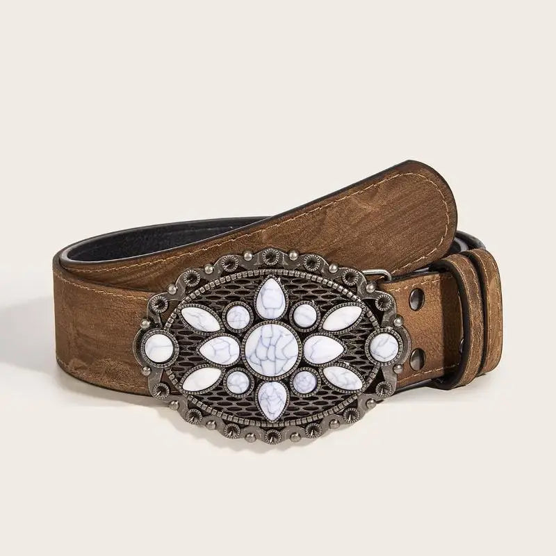 Vintage Boho Western Belt – White Stone Buckle Embossed Leather Boho Leather Belt Qst A3