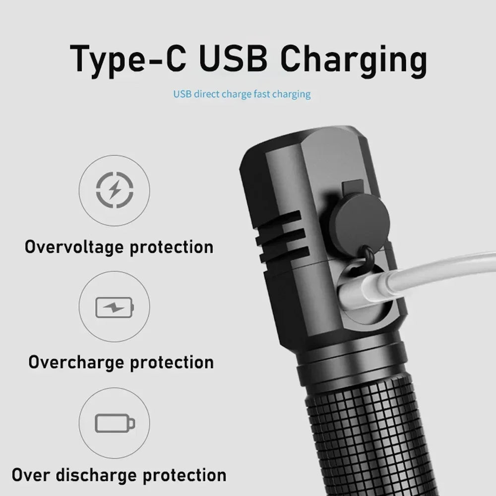 XHP50 Mini LED Flashlight USB Rechargeable 3 Modes Zoomable LED Flashlight Torch Qst