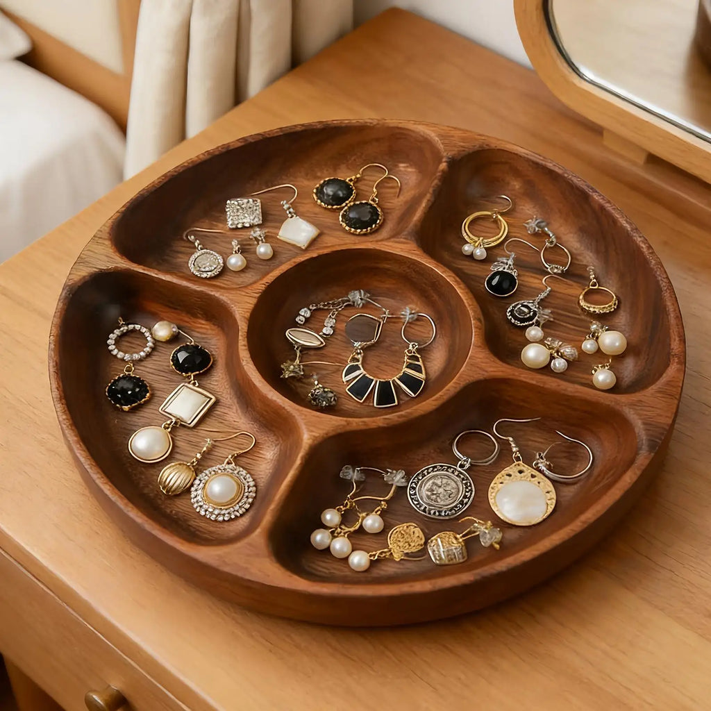 Round 5-Compartment Wooden Serving Platter Tray for Parties Serving Platter Tray Qme