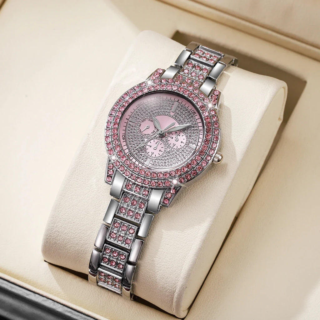 Luxury Rhinestone Women's Watch – Elegant Diamond Wristwatch Ladies Fashion Watch Qme 1PC Pink No Box