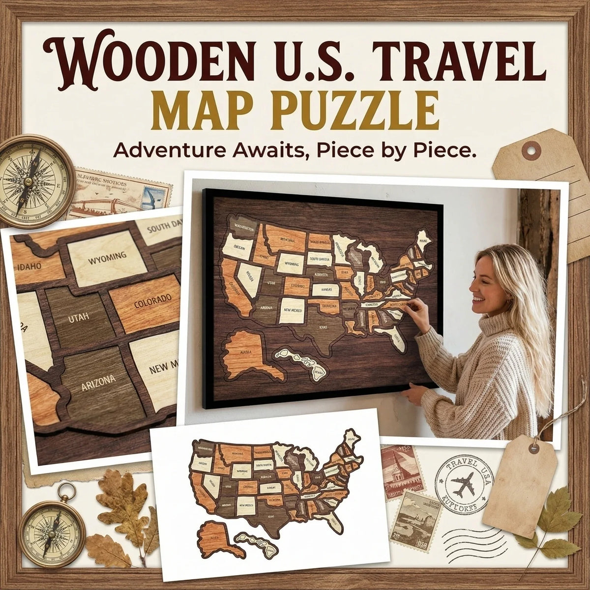 Wooden USA Travel Map Puzzle | Record Journeys & Display Wooden Map Puzzle Qme