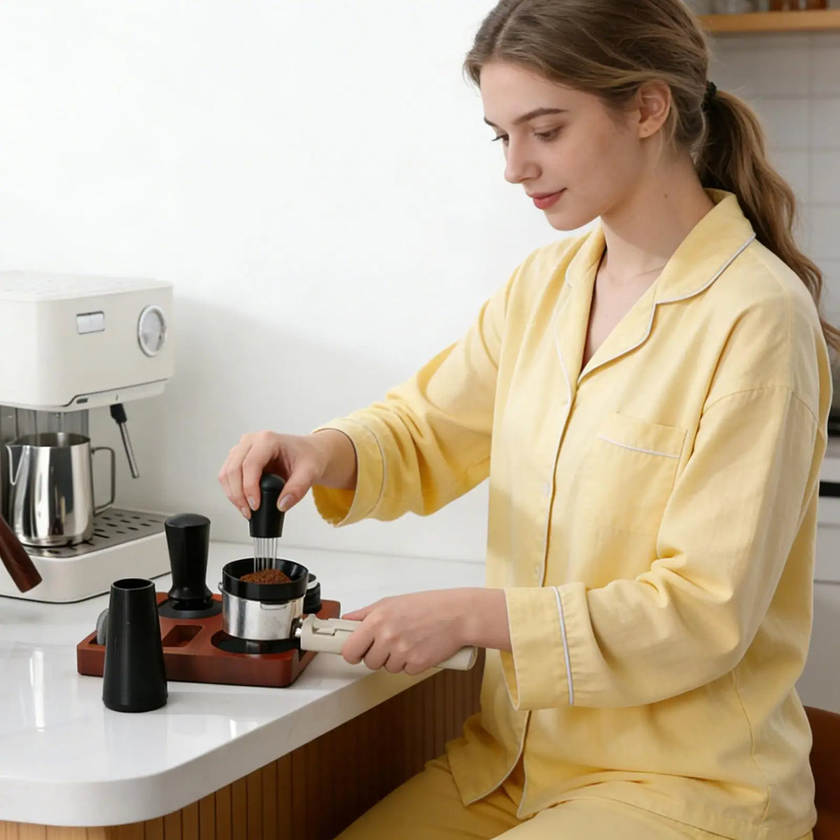 7-Piece Universal Coffee Tamping Station & Distribution Tool Set Coffee Tamping Set Qme
