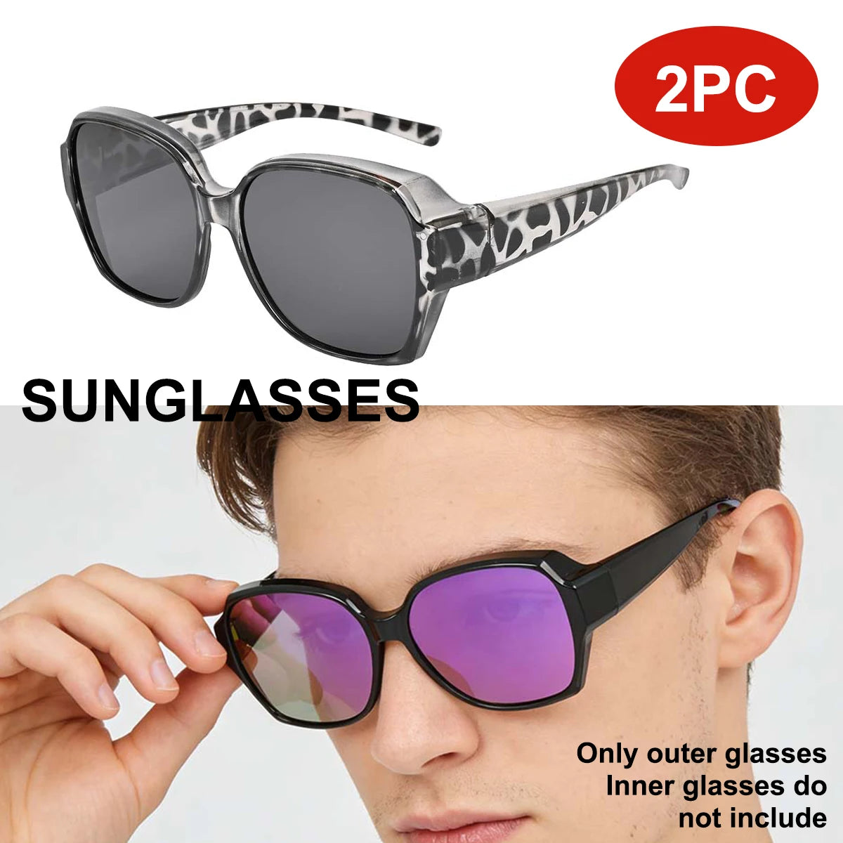 VOPHA Fit-Over Sunglasses UV400 Square Wrap Unisex T01 Fit-Over Sunglasses Qst 2PC