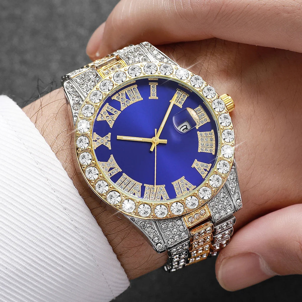 Men's Bling Quartz Watch, Necklace, Ring & Bracelet Set Men's Jewelry Set Qme