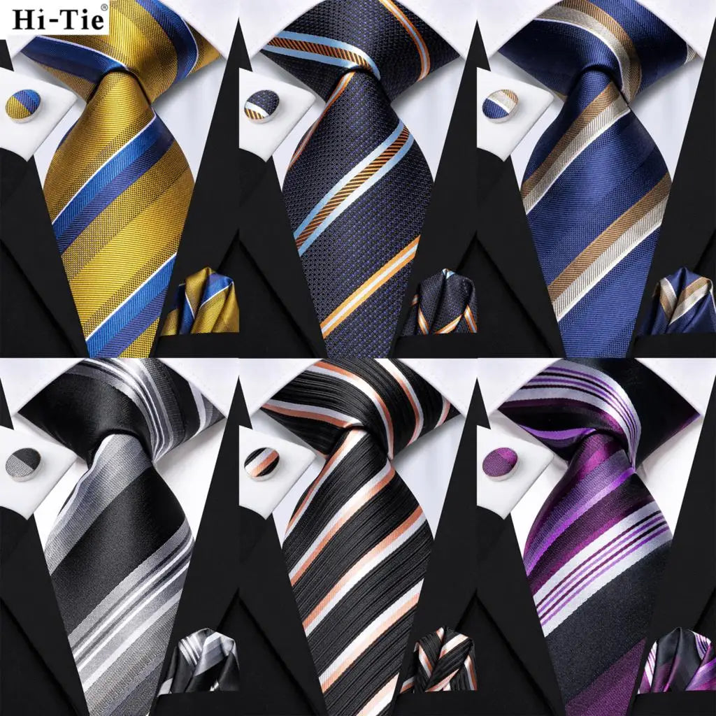 Hi-Tie Men's Striped Navy Blue Silk Necktie & Cufflinks Set Silk Necktie Gift Set Qme
