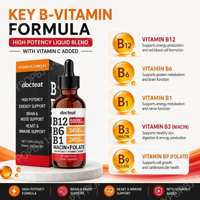 Docteat Vitamin B Complex Liquid Drops with Vitamin C – 60ml Liquid Vitamin Supplement Qst