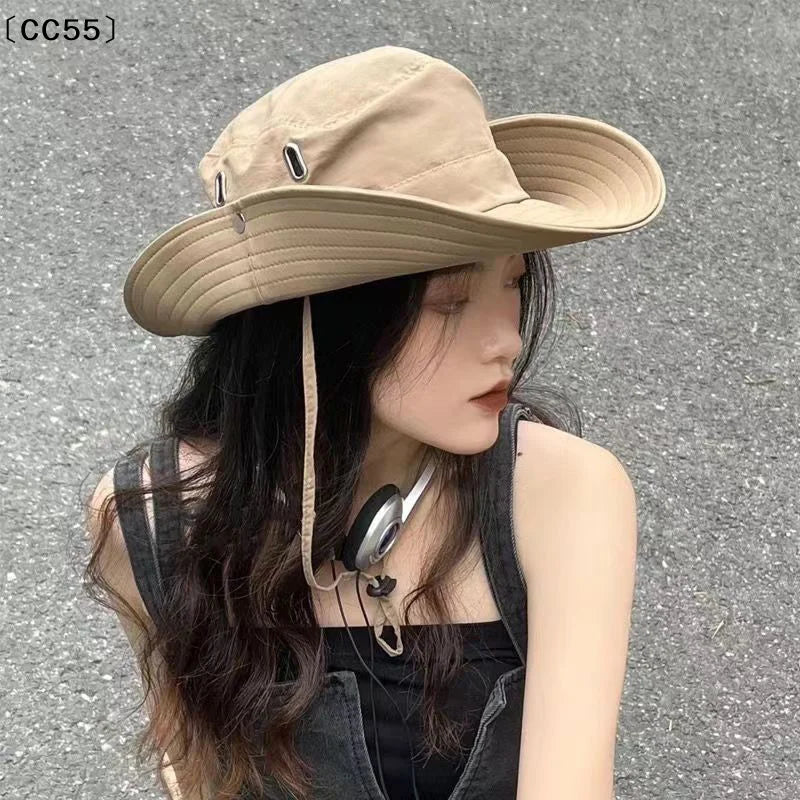 Wide Brim Sun Protection Bucket Hat with Drawstring Bucket Hat Qst