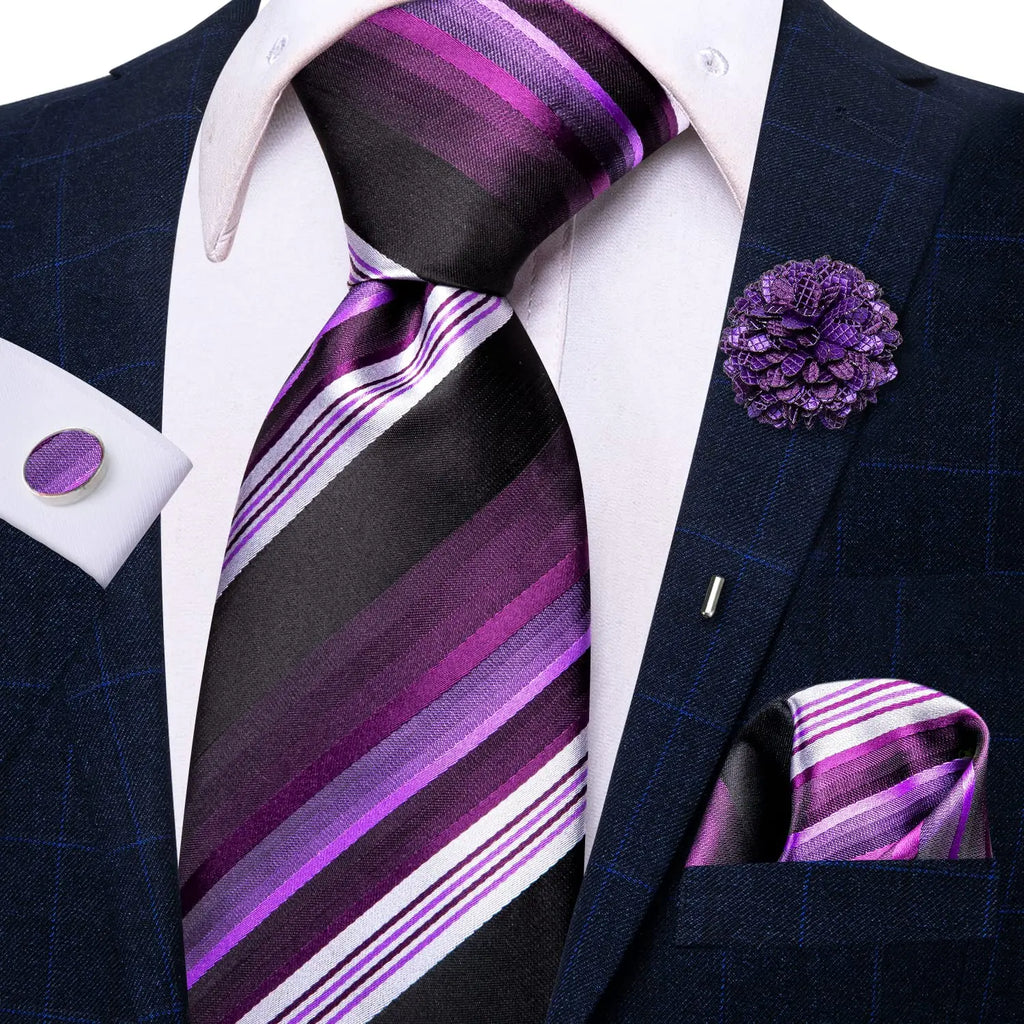 Hi-Tie Silk Striped Purple White Necktie Set with Brooch Silk Necktie Set Qme