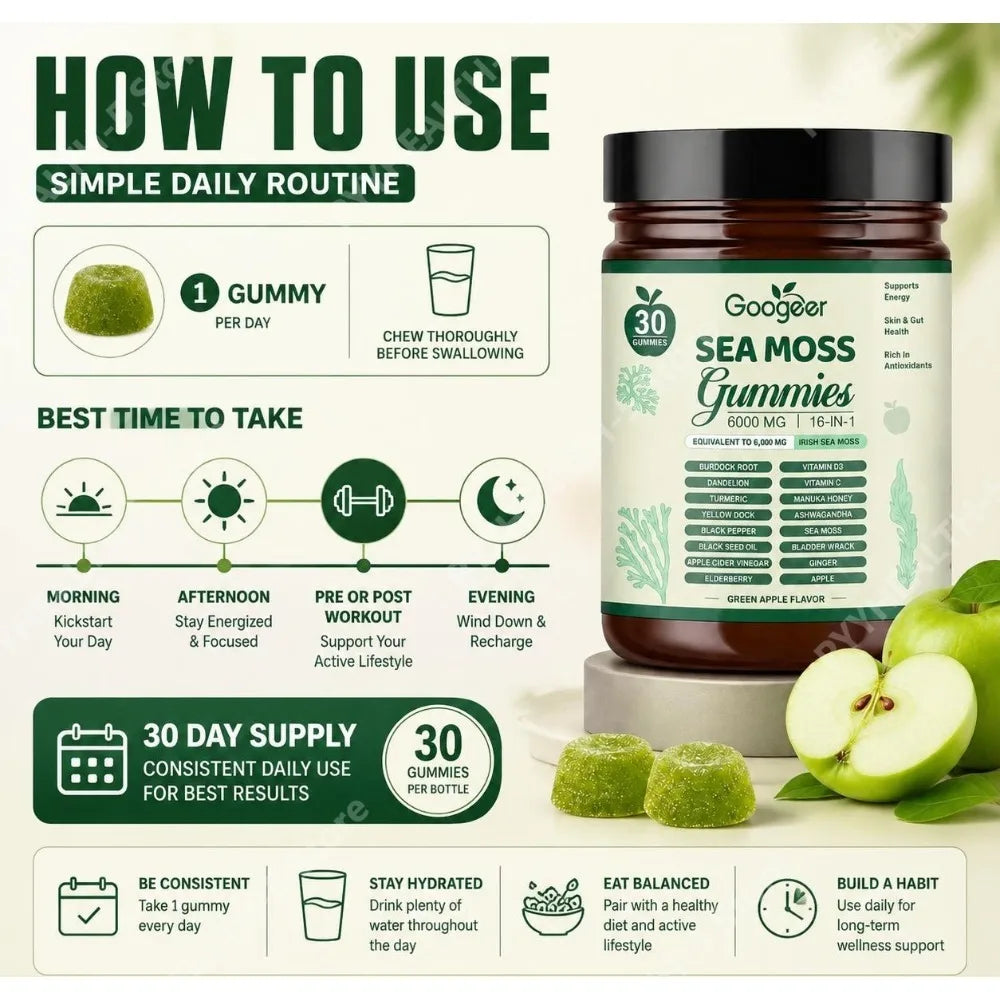 Googeer Sea Moss Gummies 16-in-1 6000mg Irish Sea Moss Vit C D3 Sea Moss Gummies Qst
