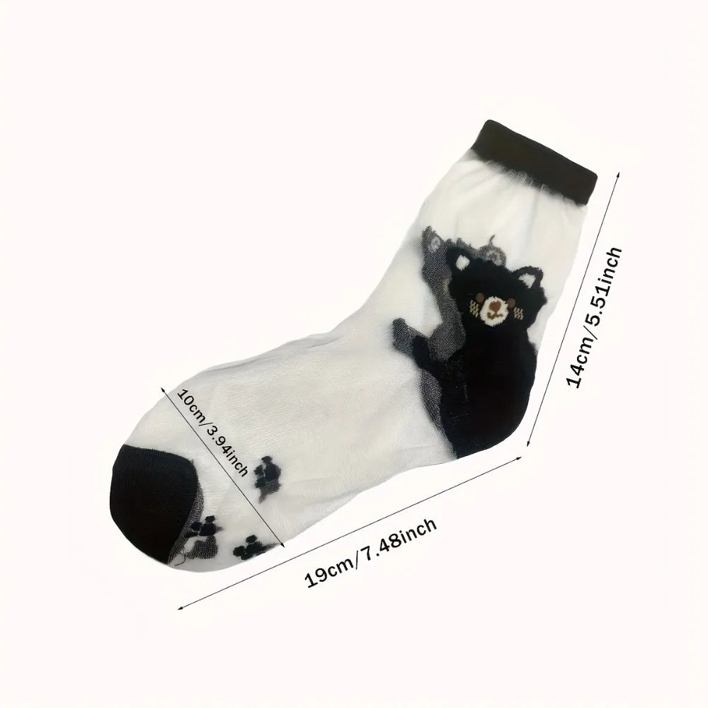 Women's Bear Pattern Sheer Crystal Silk Ankle Socks Sheer Novelty Socks Qme