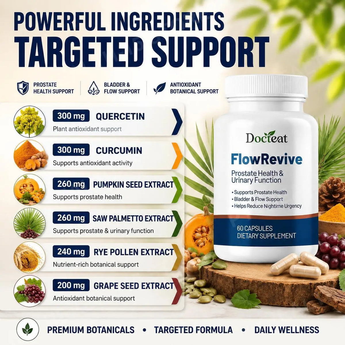 Docteat FlowRevive Men's Quercetin Capsules – 60ct | Urinary Wellness Men's Wellness Supplement Qst