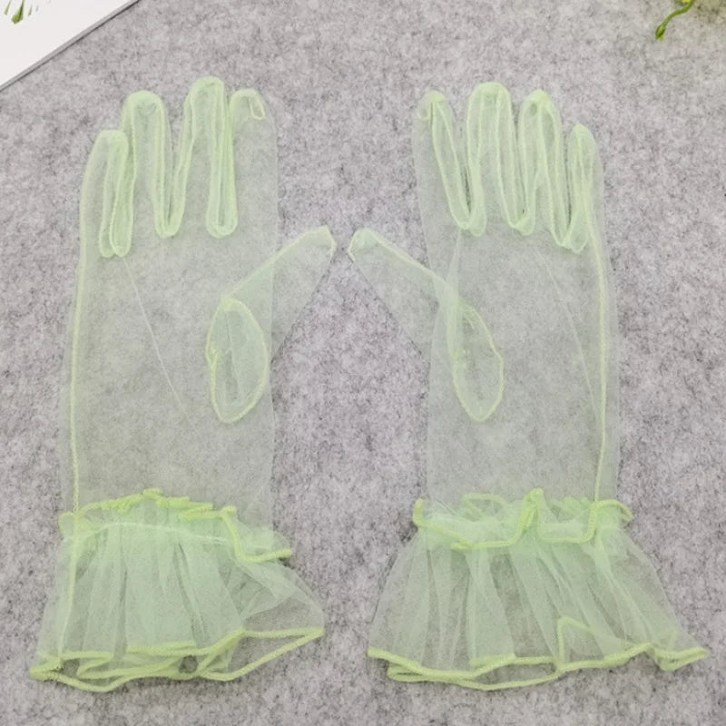 Women's Black Lace Gloves – Sheer Tulle Wedding & Bridal Lace Fashion Gloves Qme light green One Size