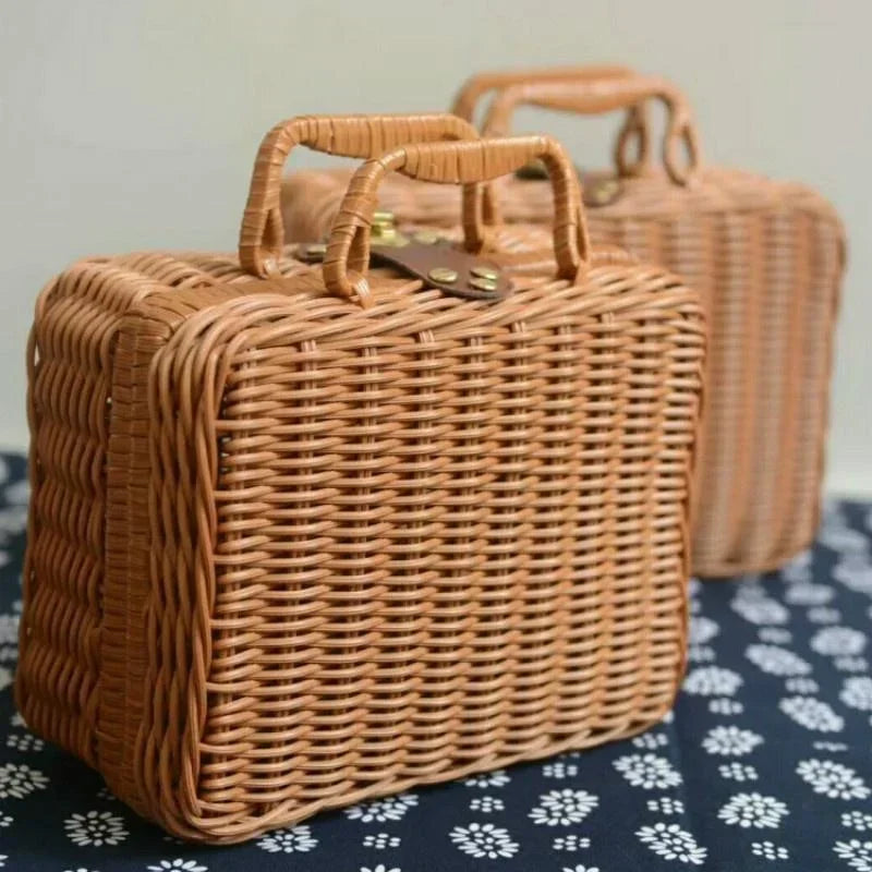 Rattan-Look Woven Storage Basket Box with Handle | Retro Home Woven Storage Basket Qme
