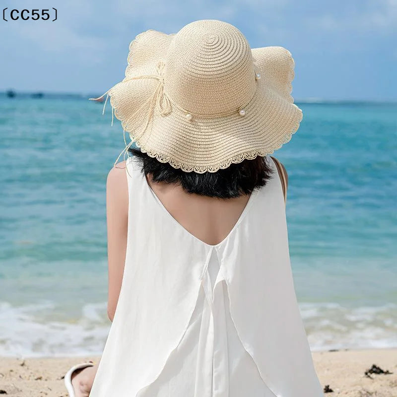 French Pearl Strap Wide Brim Straw Hat – Foldable Women's Sun Hat Wide Brim Straw Hat Qst