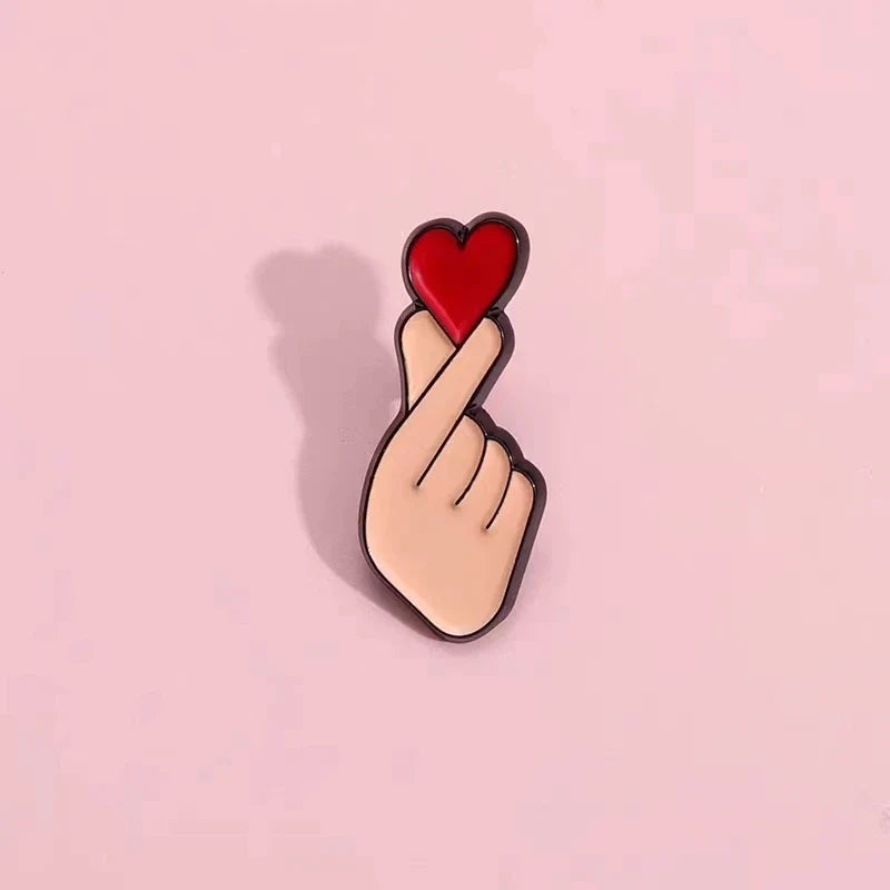 Cartoon Heart Gesture Enamel Pin – Cute Lapel Badge Enamel Lapel Pin Qme