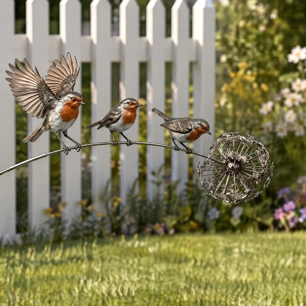Rustic Robin Bird Garden Stake Dandelion Accent – Metal Yard Art Garden Stake Qme