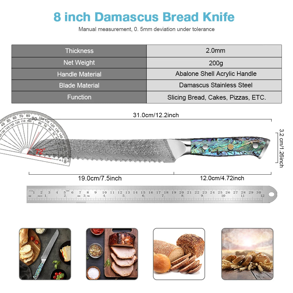 XITUO 8-Inch Damascus Serrated Bread Knife – VG-10 Steel Serrated Bread Knife Qst