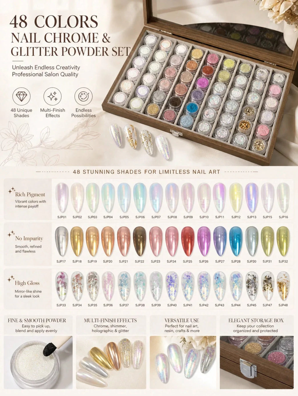 48-Color Aurora Ice-Clear Nail Powder Set with Storage Box Nail Powder Set Qme