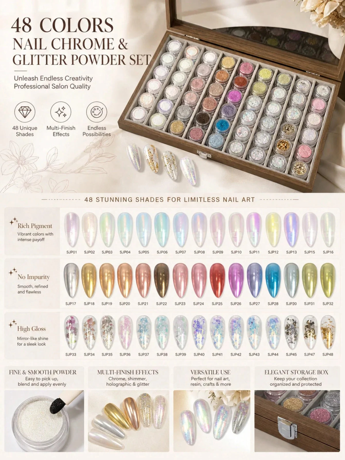 48-Color Aurora Ice-Clear Nail Powder Set with Storage Box Nail Powder Set Qme