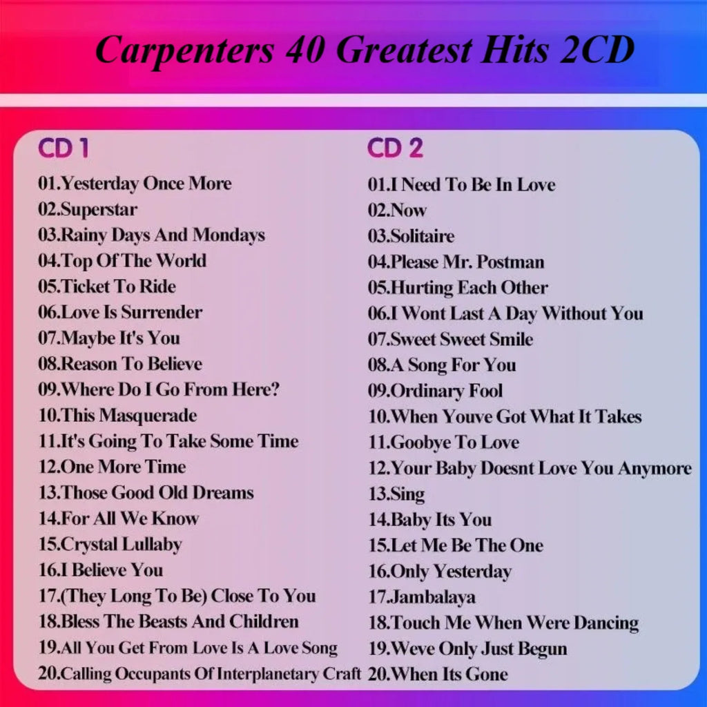 Classic Soft Pop Duo 40 Greatest Hits Collection – 2CD Set Music CD Collection Qme