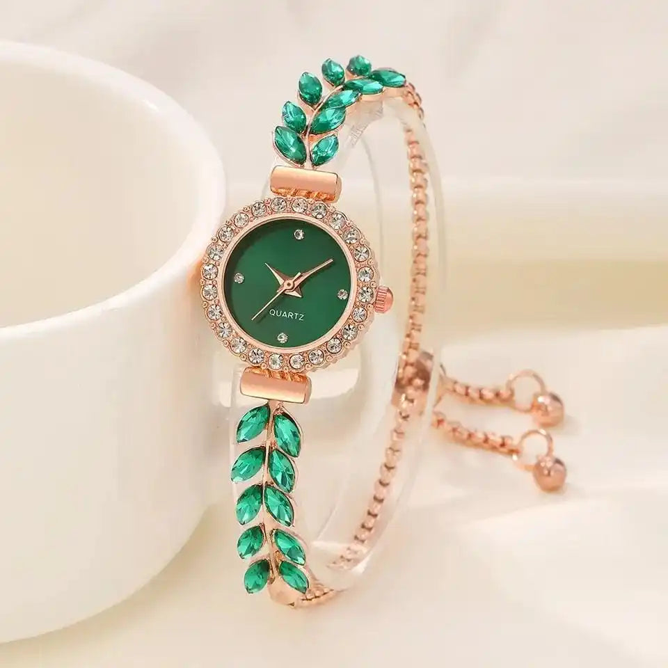 Women's Diamond Studded Bracelet Quartz Watch & Jewelry Set Bracelet Watch Set Qme
