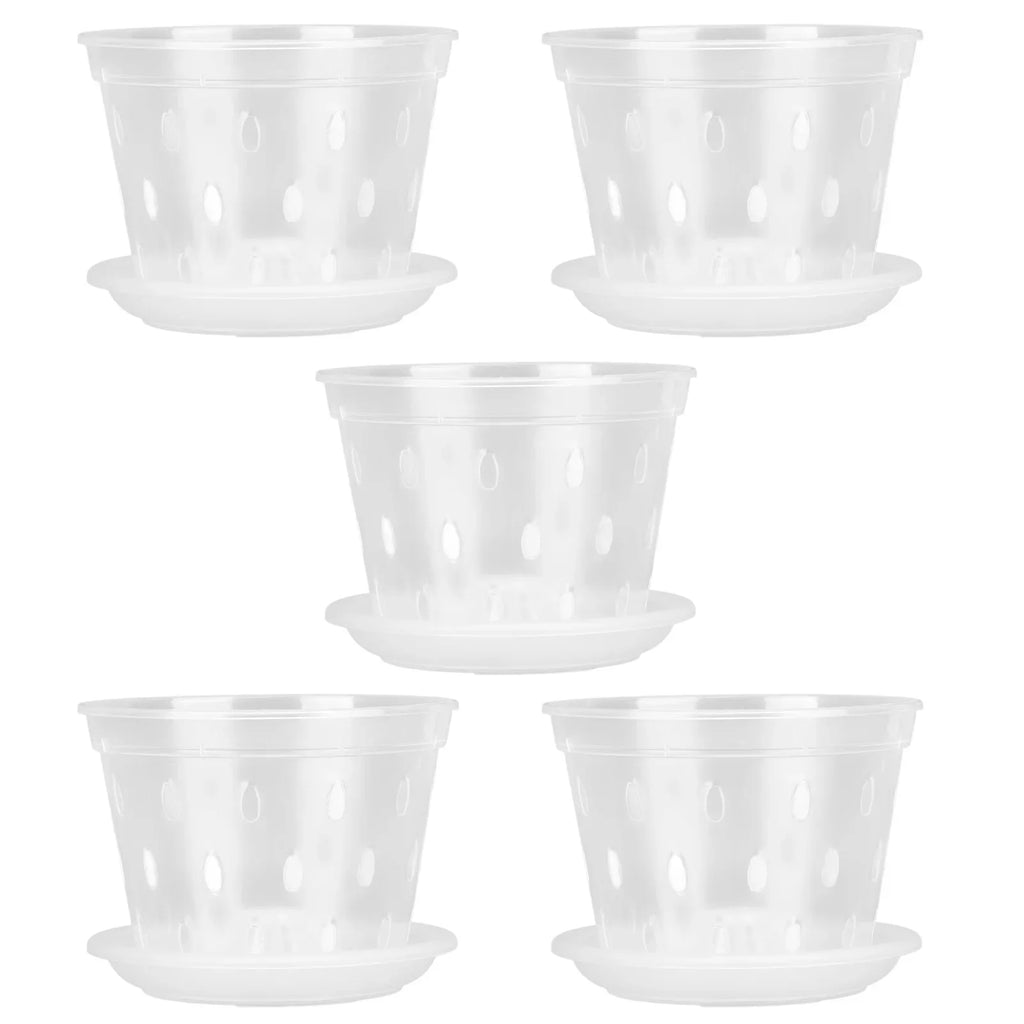 Clear Orchid Pots with Holes & Saucers – Set of 5 | 5.5in Orchid Planter Set Qme