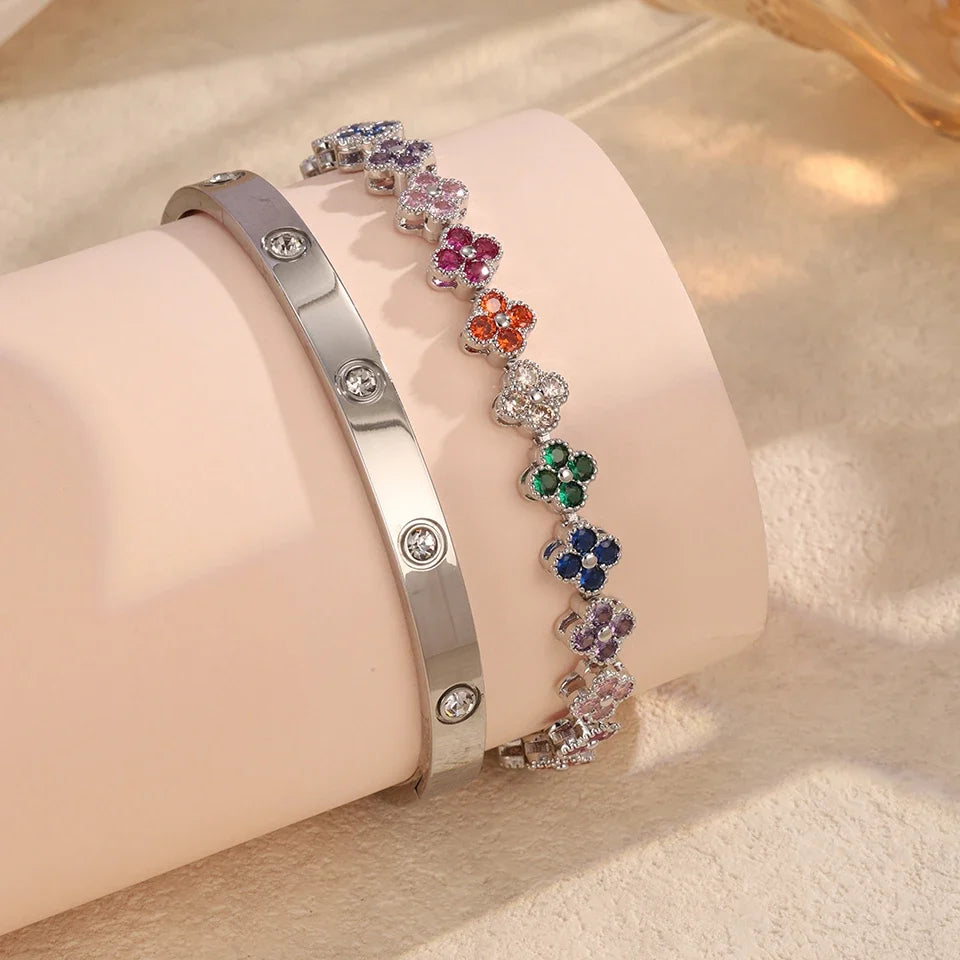 Colorful Zircon Five-Leaf Flower Stacked Bangle 18K Gold Stackable Bangle Bracelet Qme