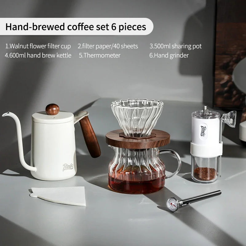 BINCOO Pour Over Coffee Kit – Dripper, Carafe, Kettle & Grinder Pour Over Coffee Set Qst 6 Piiece Set