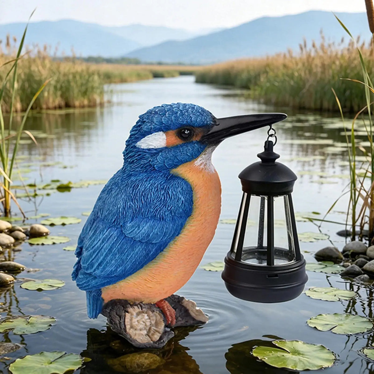 Solar Blue Kingfisher Garden Statue with Lantern | Outdoor Solar Garden Statue Qme