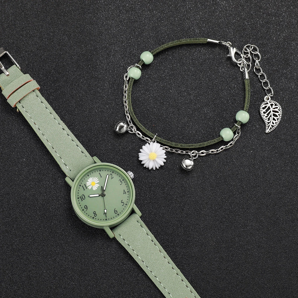 Women's Casual Quartz Watch & Leather Bracelet Set – 2 Piece Watch & Bracelet Set Qme