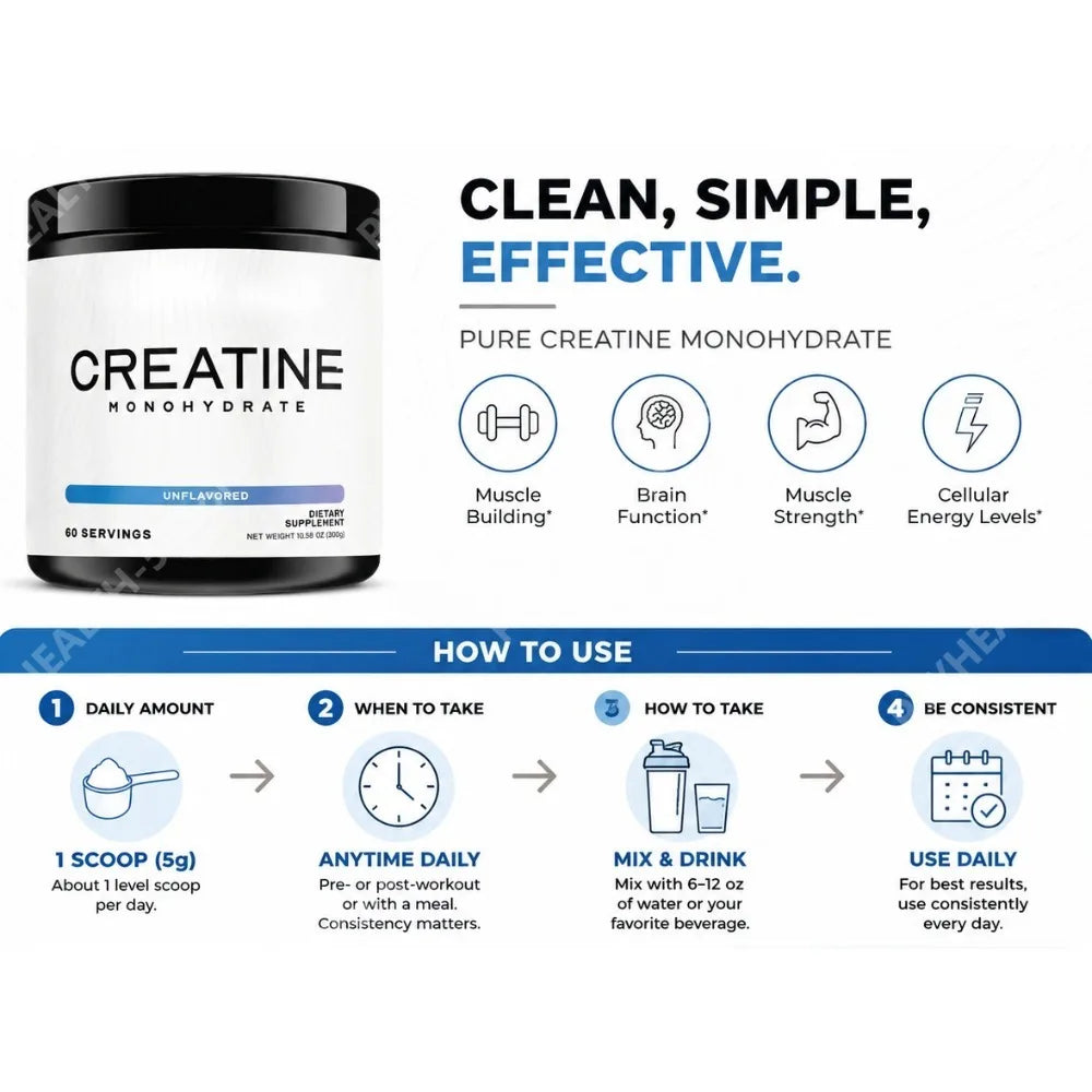 Creatine Monohydrate Powder 5000mg – 60 Servings Unflavored 300g Fitness Supplement Qst