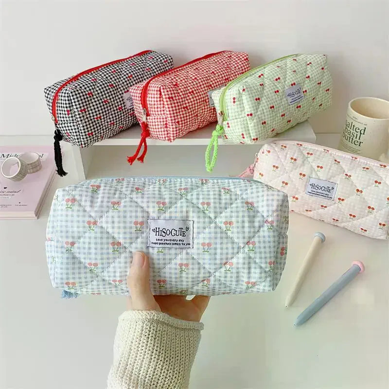 Cute Cherry Plaid Large Capacity Pencil Case & Stationery Bag Pencil Case Qme