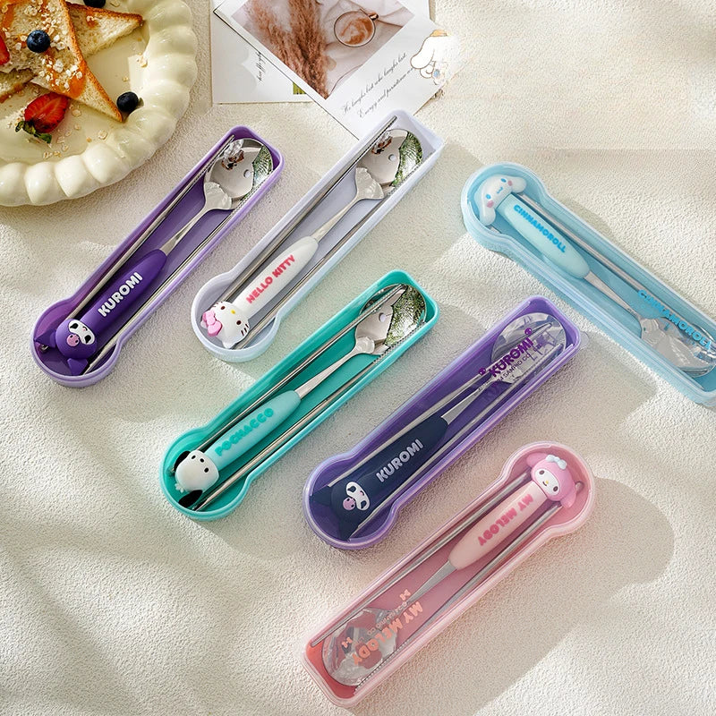 Hello Kitty Kuromi Spoon & Chopsticks Portable Cutlery Set Portable Cutlery Set Qme